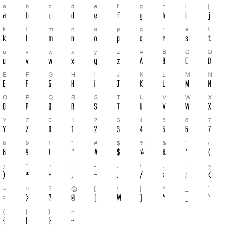 1HoonSlimskinny Bold Character Map