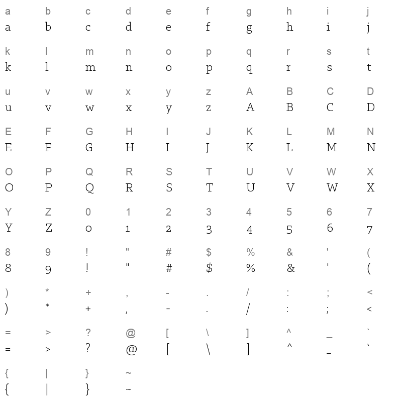 29LTZaridSlab ExtraLight Character Map