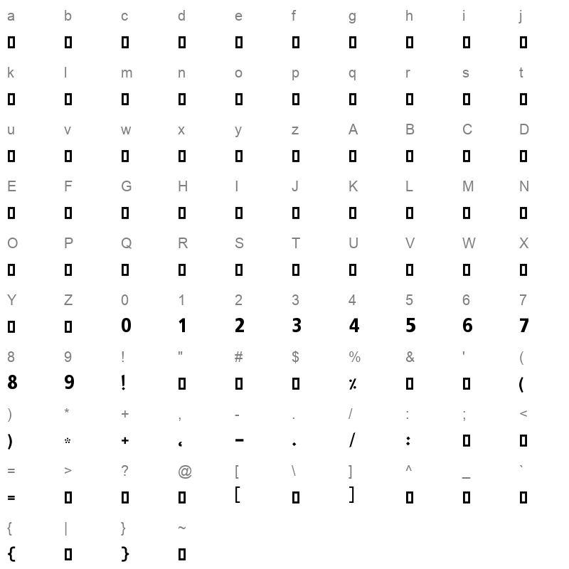 A Noor Bold 0 Character Map