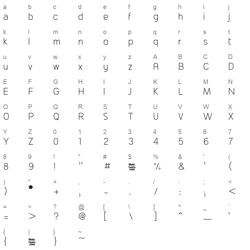 Abdo Master ExtraLight Character Map