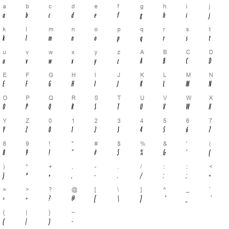 agenda regular ultra condensed italic Character Map