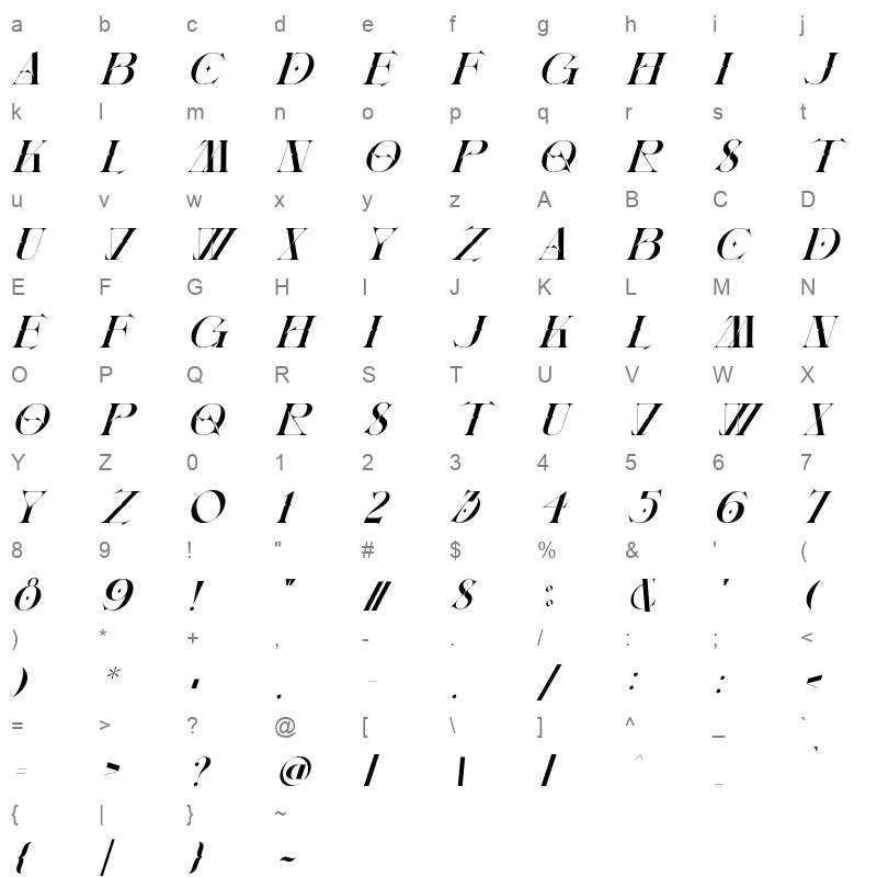 allowing freedom regular italic Character Map
