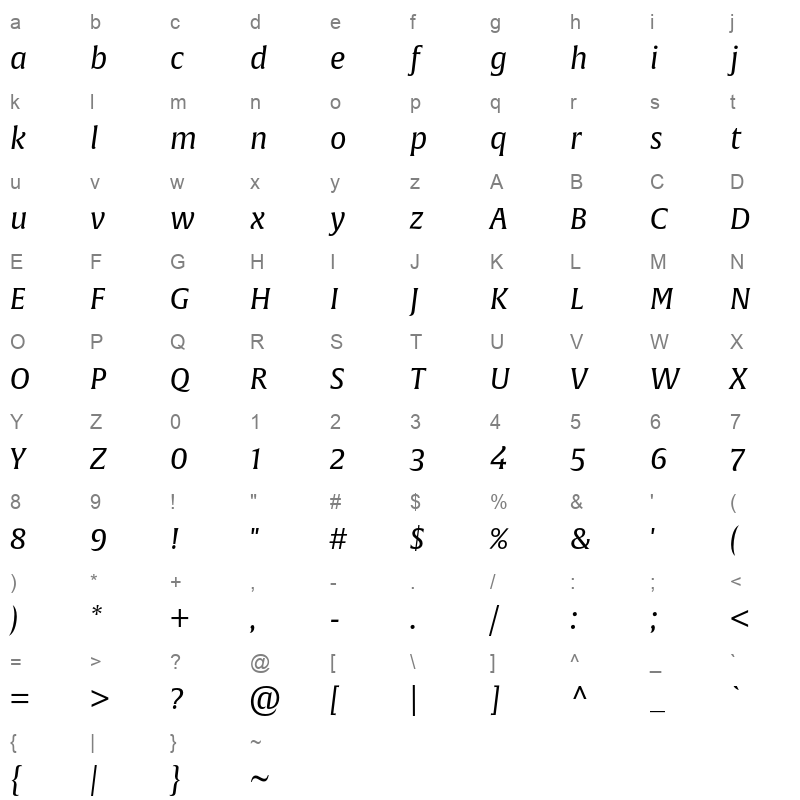 alverata italic Character Map