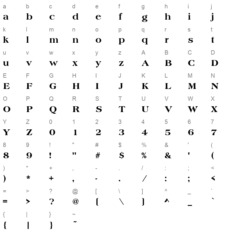 americana text extended bold Character Map