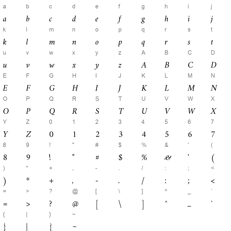 Amiri Slanted Character Map