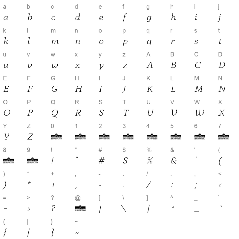 anaphora light italic Character Map