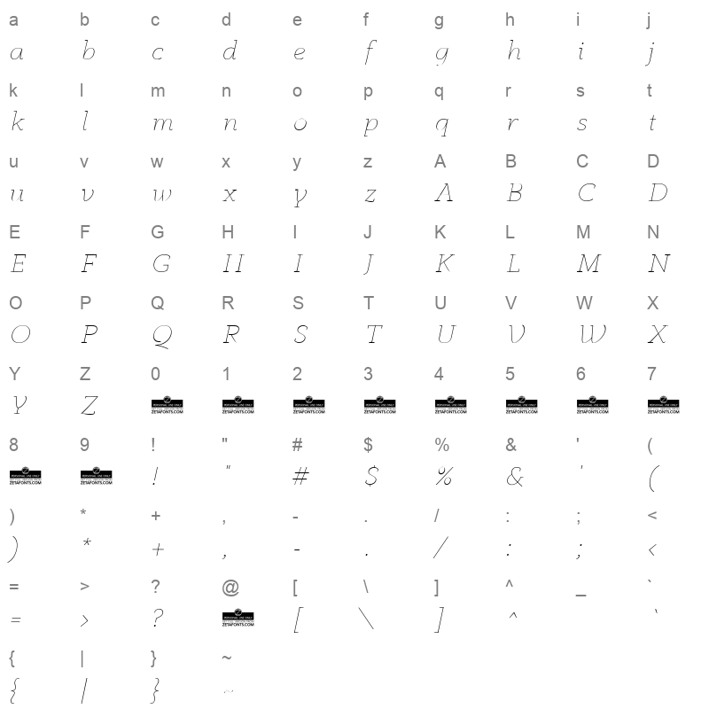 anaphora thin italic Character Map