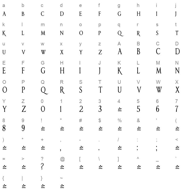 anavio smallcaps condensed Character Map