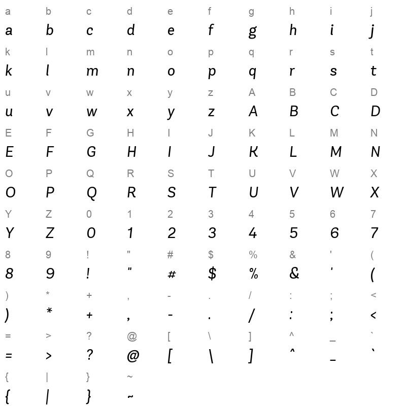 andes neue alt 1 book italic Character Map