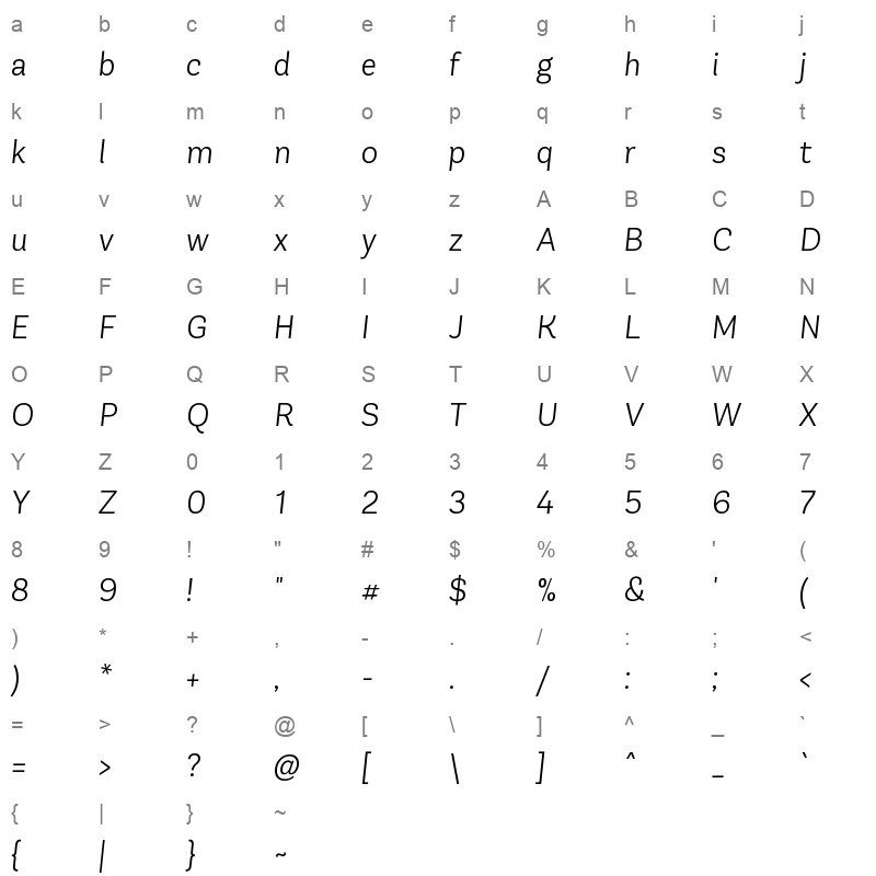 andes neue alt 1 light italic Character Map