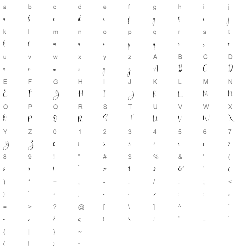 angelina script regular Character Map