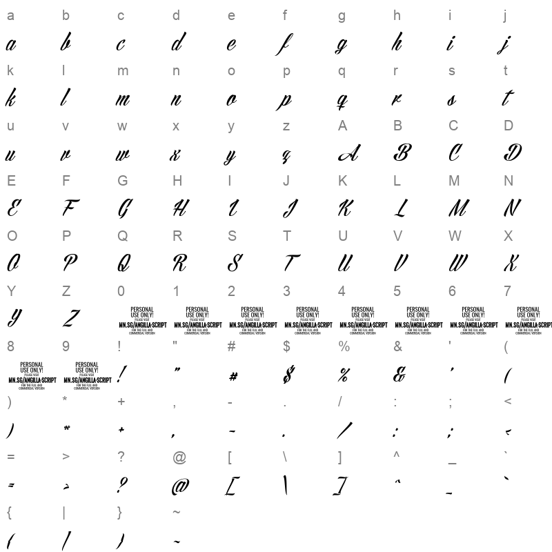 angilla script personal use Character Map