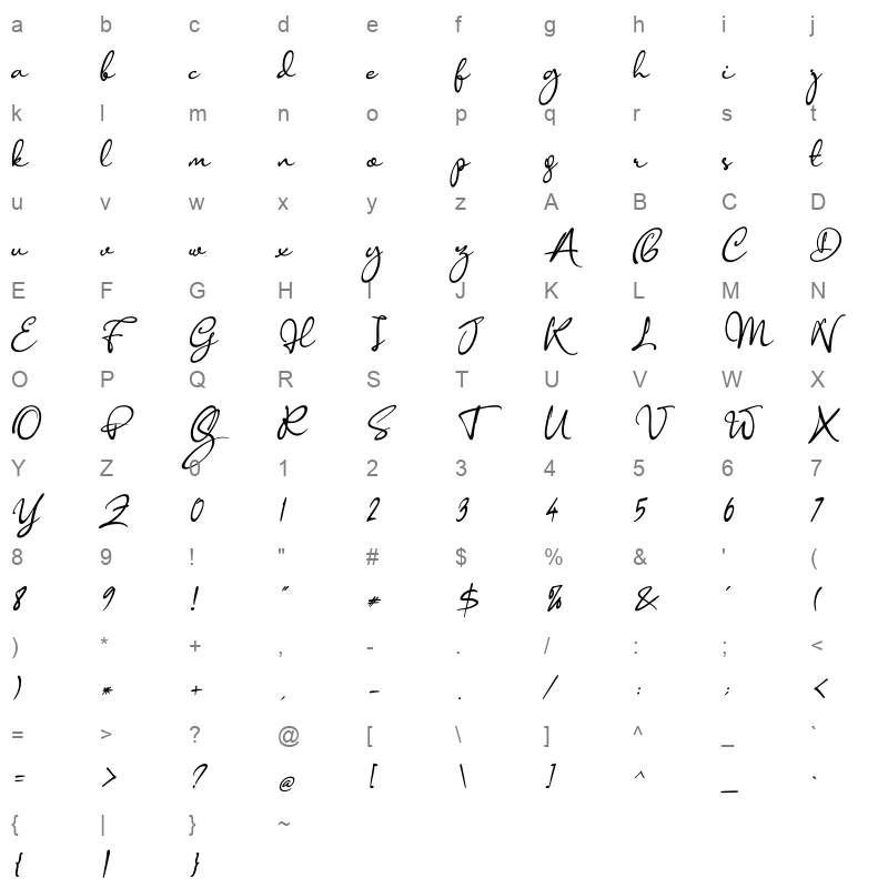 anisha italic Character Map