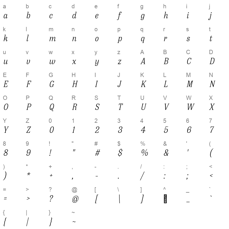 antica light italic Character Map