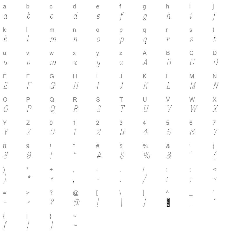 antica thin italic Character Map