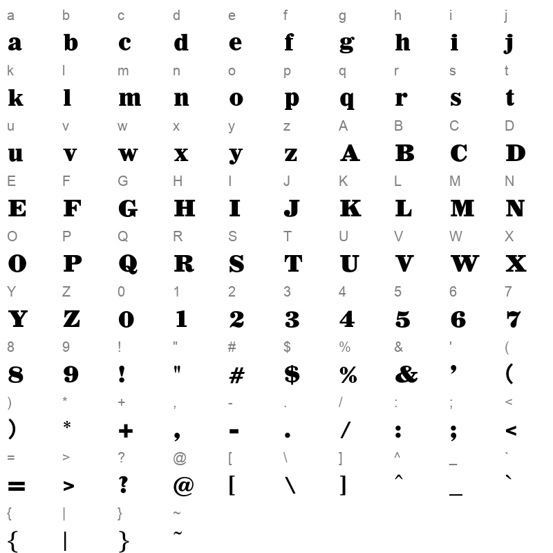 antique bold Character Map