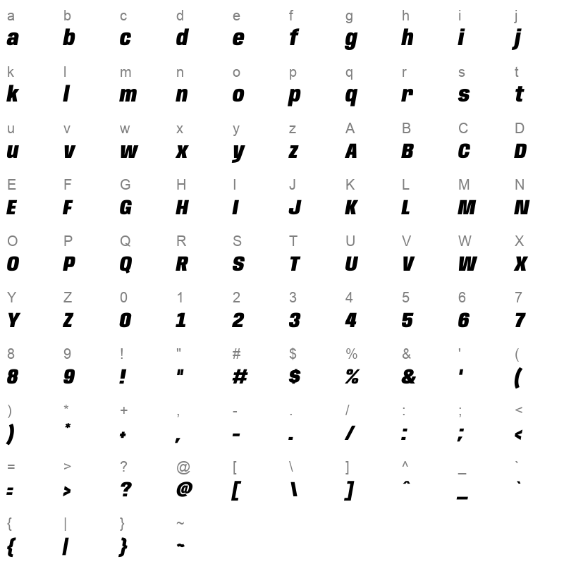 anybody condensed black italic Character Map