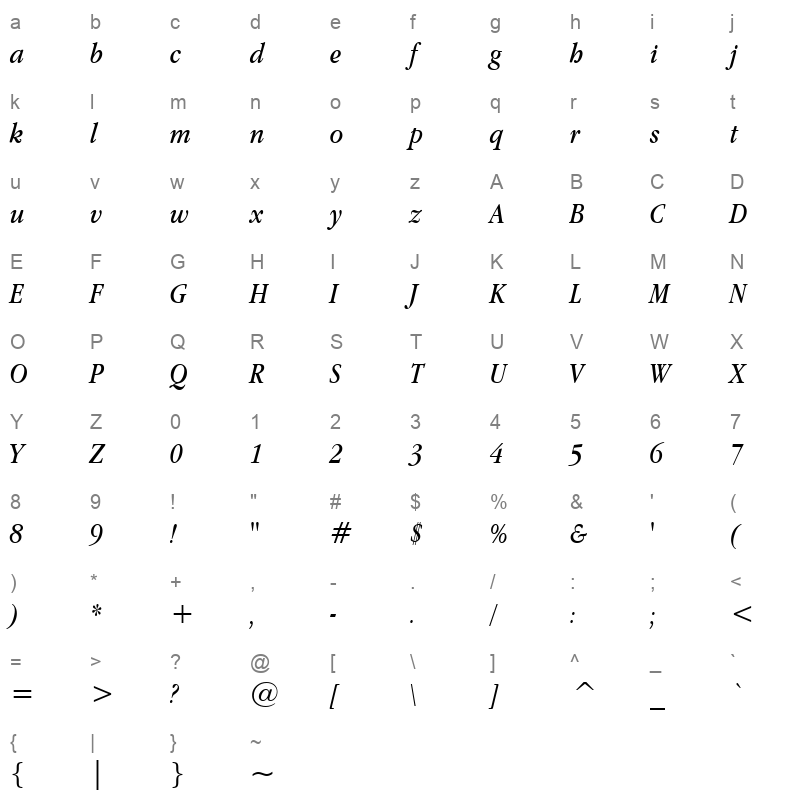 Apple Garamond Book Italic BT Character Map