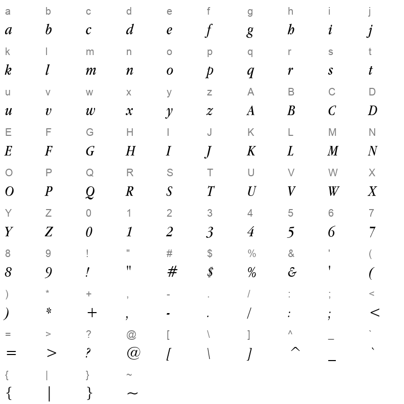 apple garamond italic Character Map