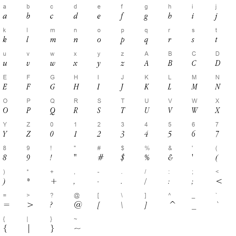 Apple Garamond Light Italic BT Character Map