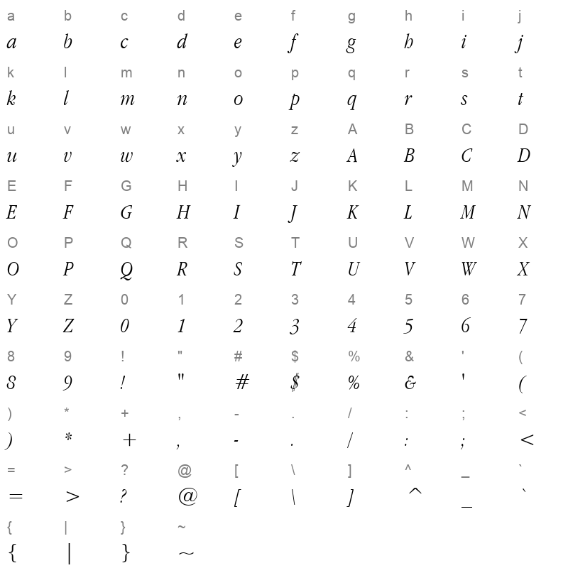 apple garamond light italic Character Map