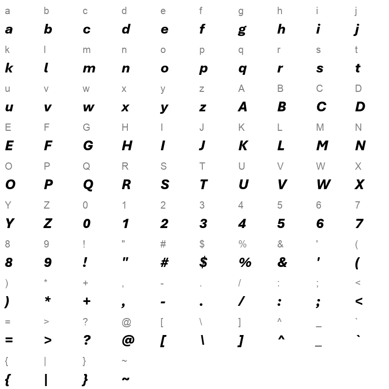 aptos extrabold italic Character Map