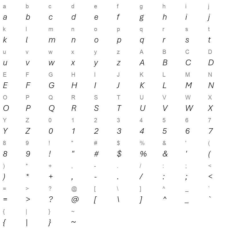 aptos light italic Character Map