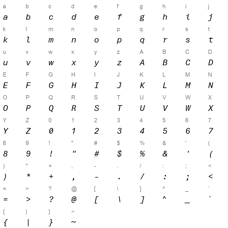 aptos mono italic Character Map
