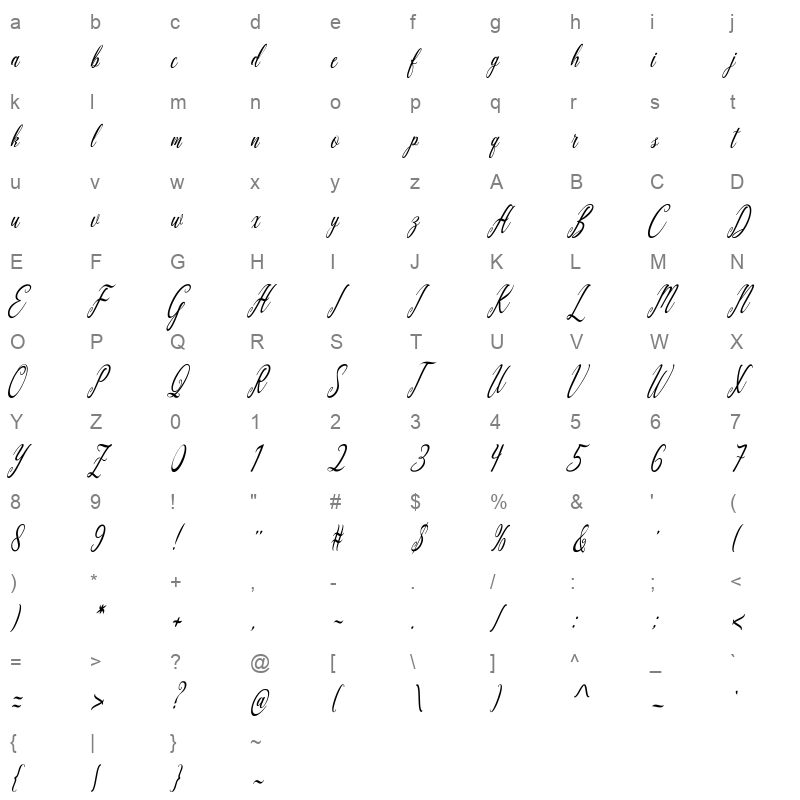 aquilera script Character Map