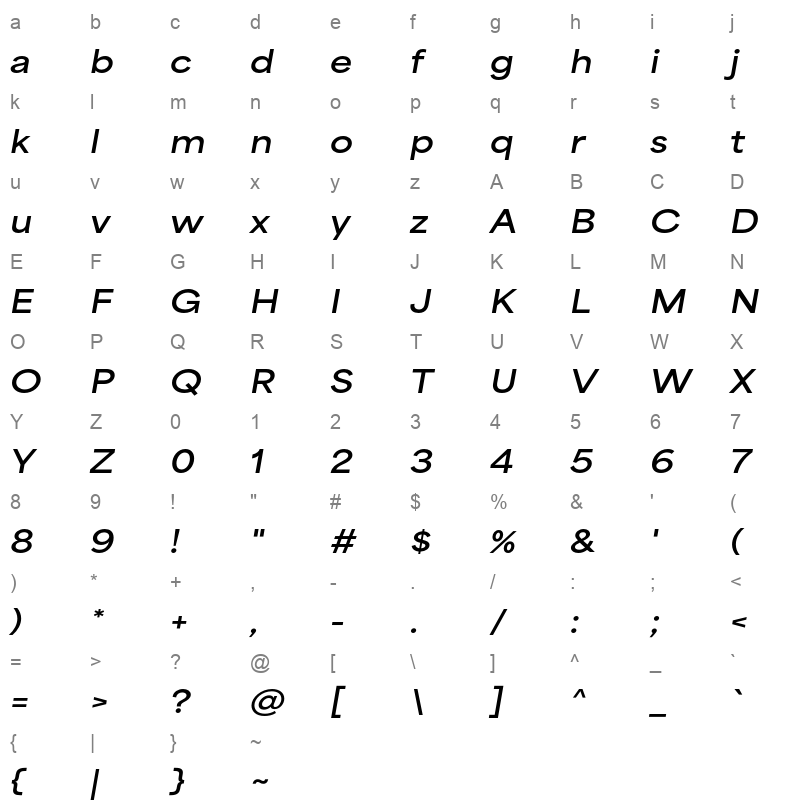 area extended bold italic Character Map