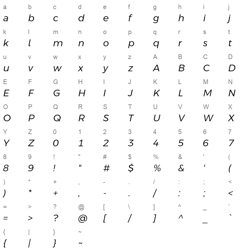 argentum sans lightitalic Character Map