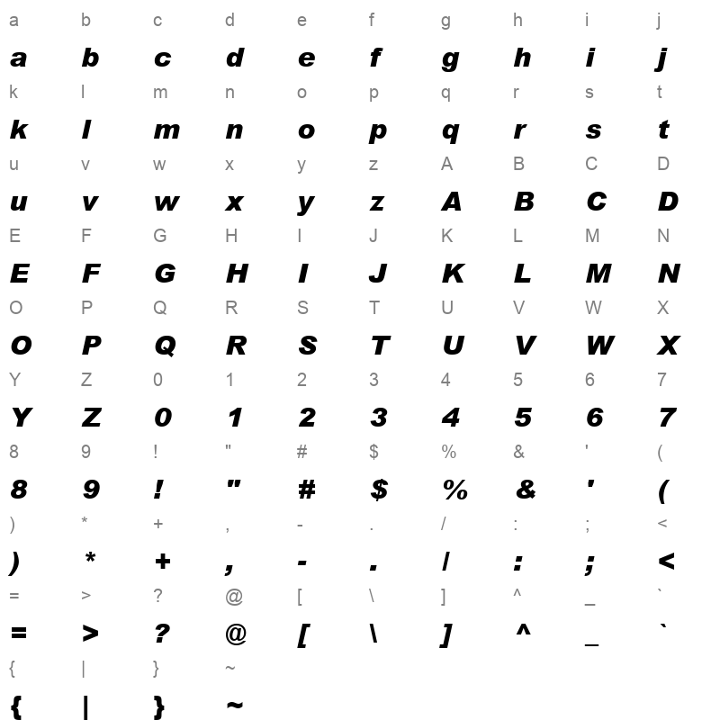 arial black italic Character Map