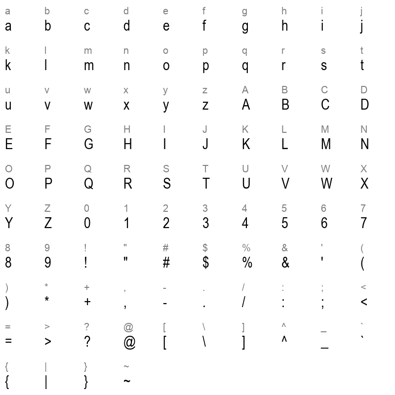 arial mt narrow Character Map