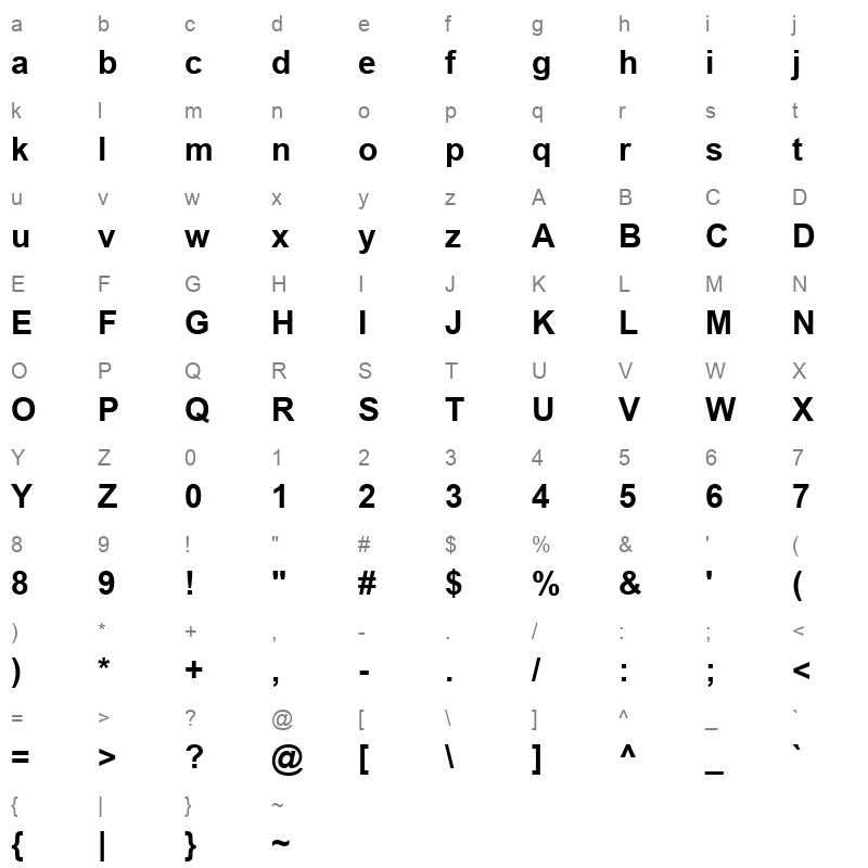 ARIALBD Character Map