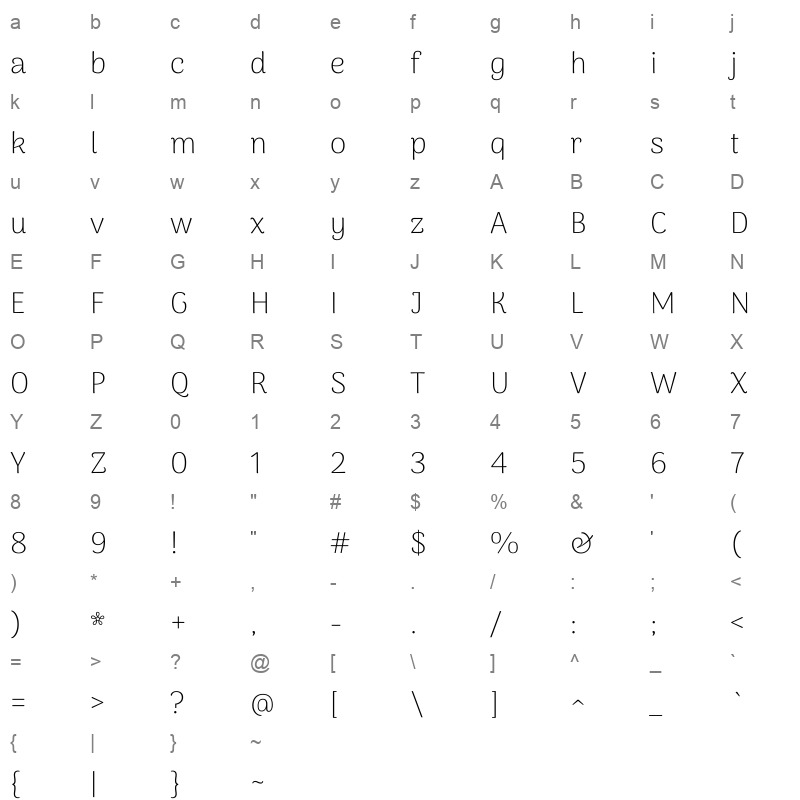 arima extra light Character Map