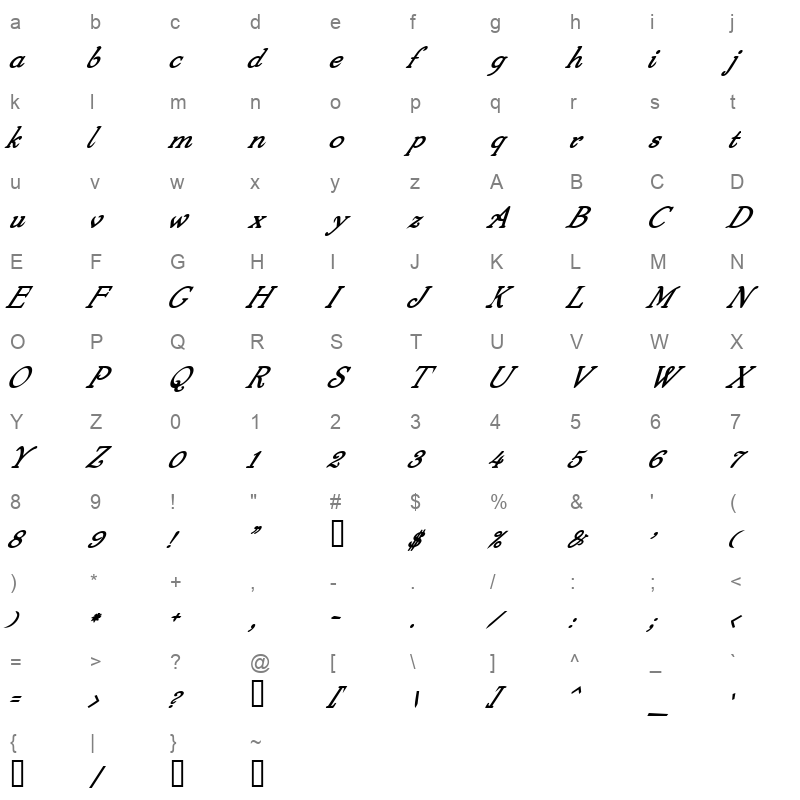 arm jolt script bold italic Character Map