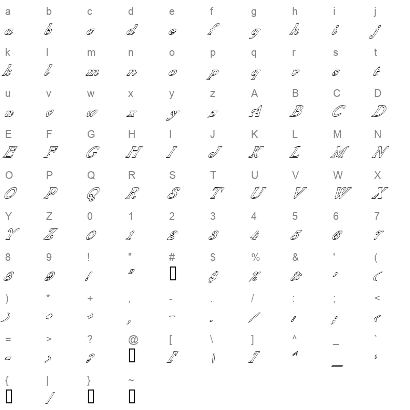 arm jolt script hollow italics Character Map