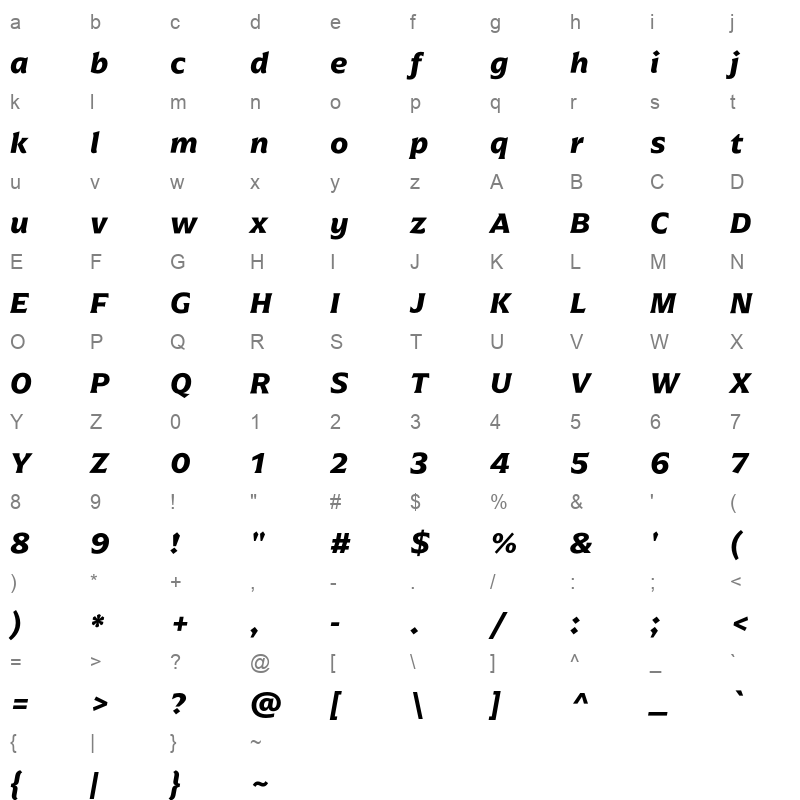 arpona bold italic Character Map