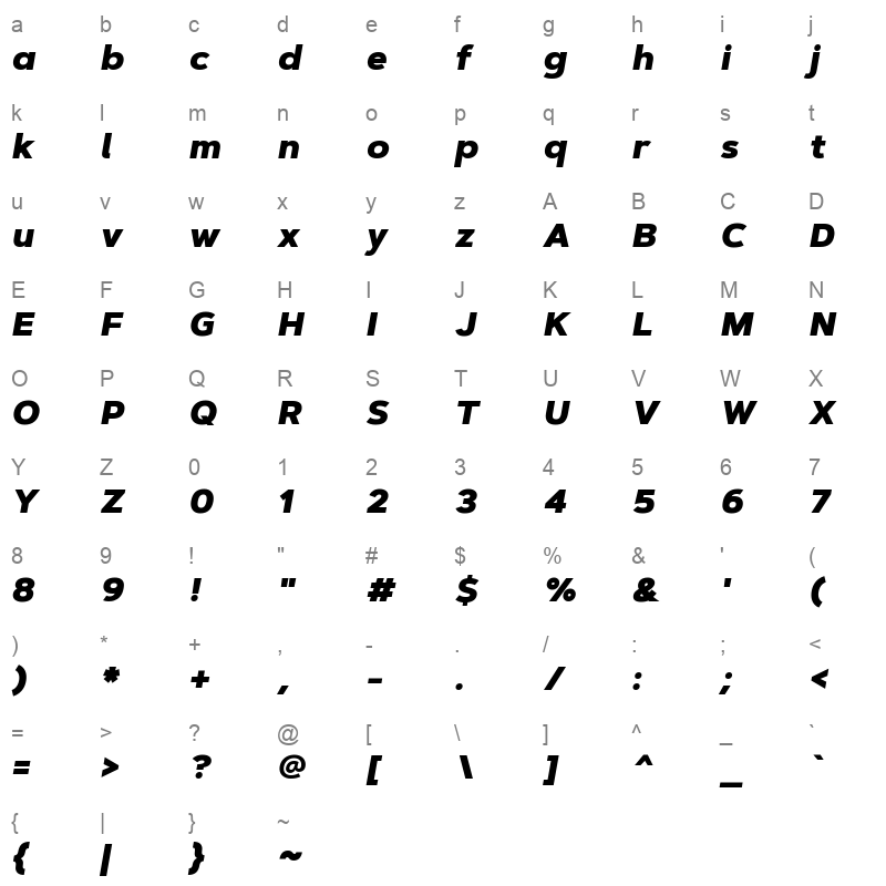 artegra sans black italic Character Map