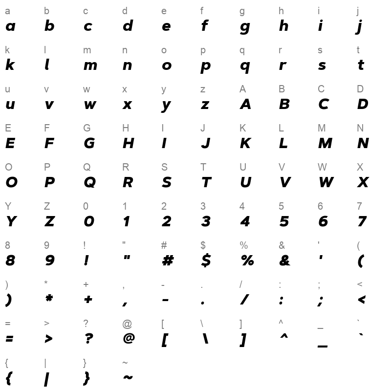 artegra sans extra bold italic Character Map