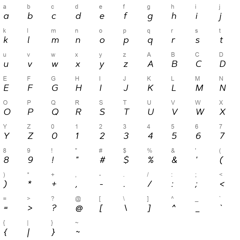 artegra soft regular italic Character Map
