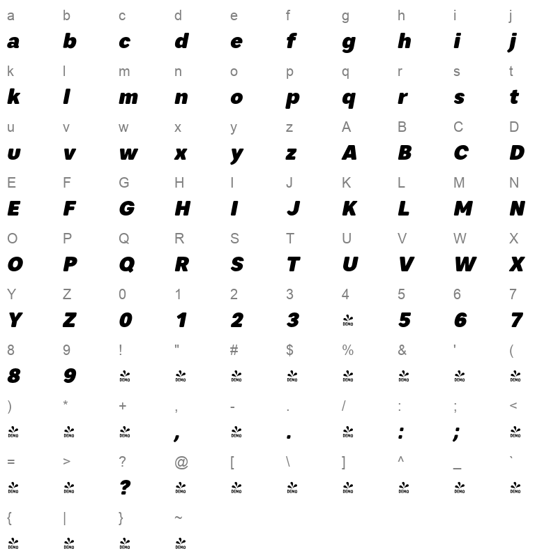 artico soft black italic demo Character Map