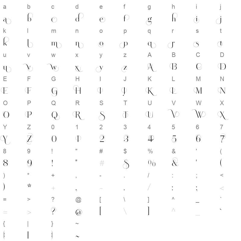 artis swing thin Character Map