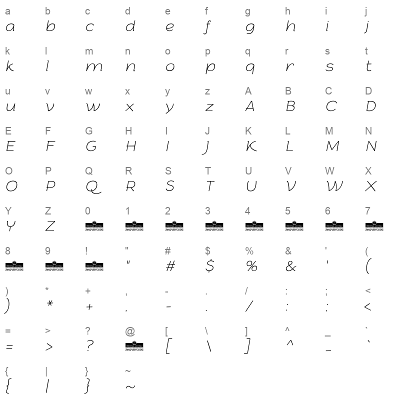 arturo trial thinitalic Character Map