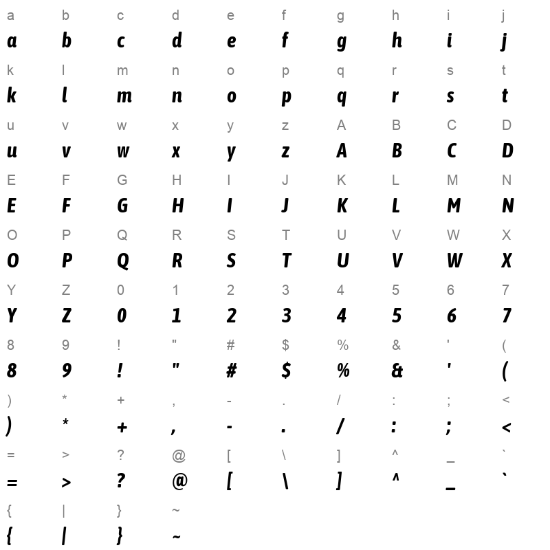 asap condensed bold italic Character Map