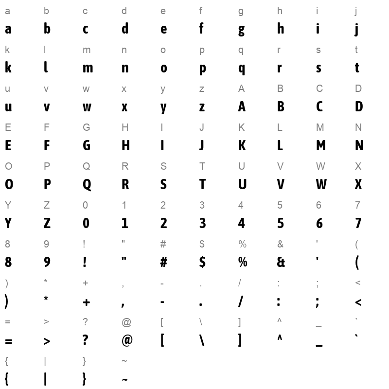 asap condensed bold Character Map