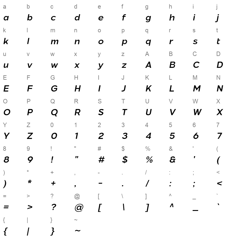 asen pro semi bold italic Character Map