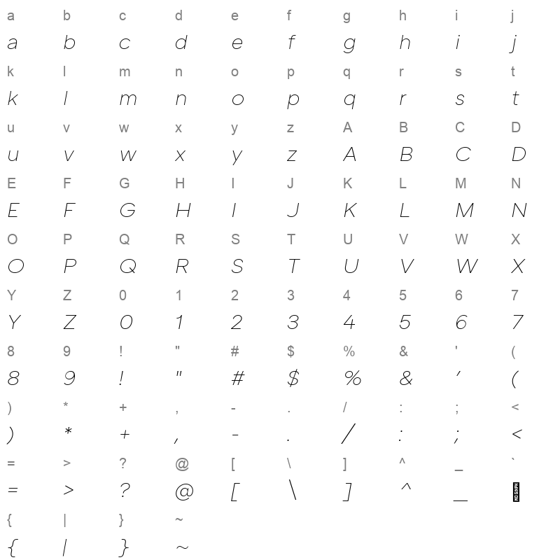atc arquette extra light italic Character Map
