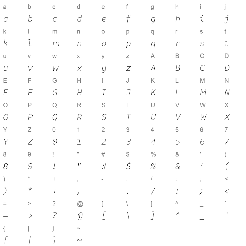 attribute text thin italic Character Map