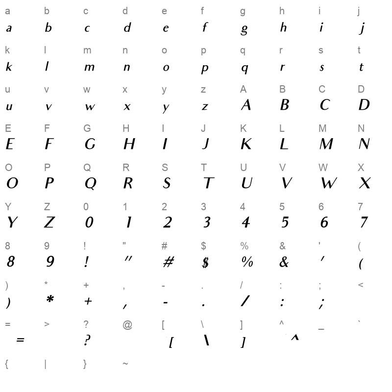 audrey medium oblique Character Map